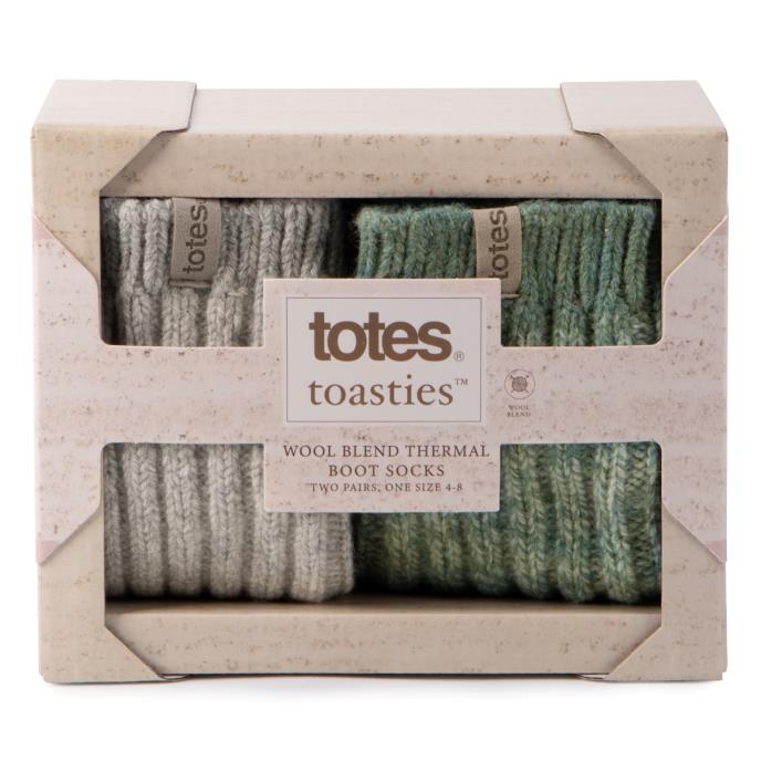 totes toasties® Ladies Chunky Twist Wool Boot Socks (Twin Pack) Grey / Sage Extra Image 6